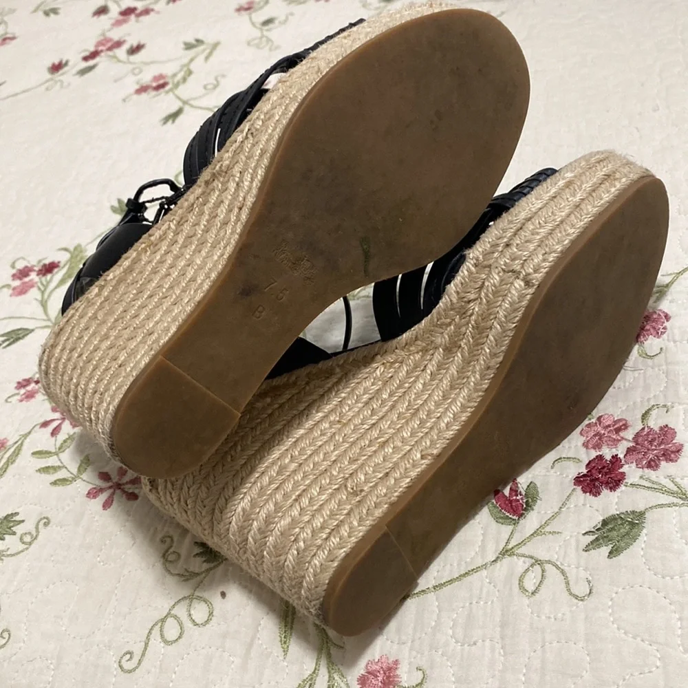 Coach Dottie Black Wedge Espadrille Charms Semi Matte Calf Sz 8 Summer Coquette